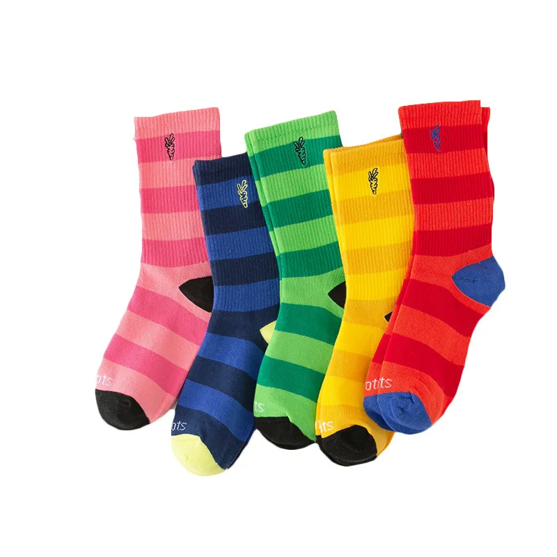 

Embroidery Carrots Rainbow Color Matching Striped Socks Women Korean Fashion Harajuku Cute Cotton Sports Long Men Socks