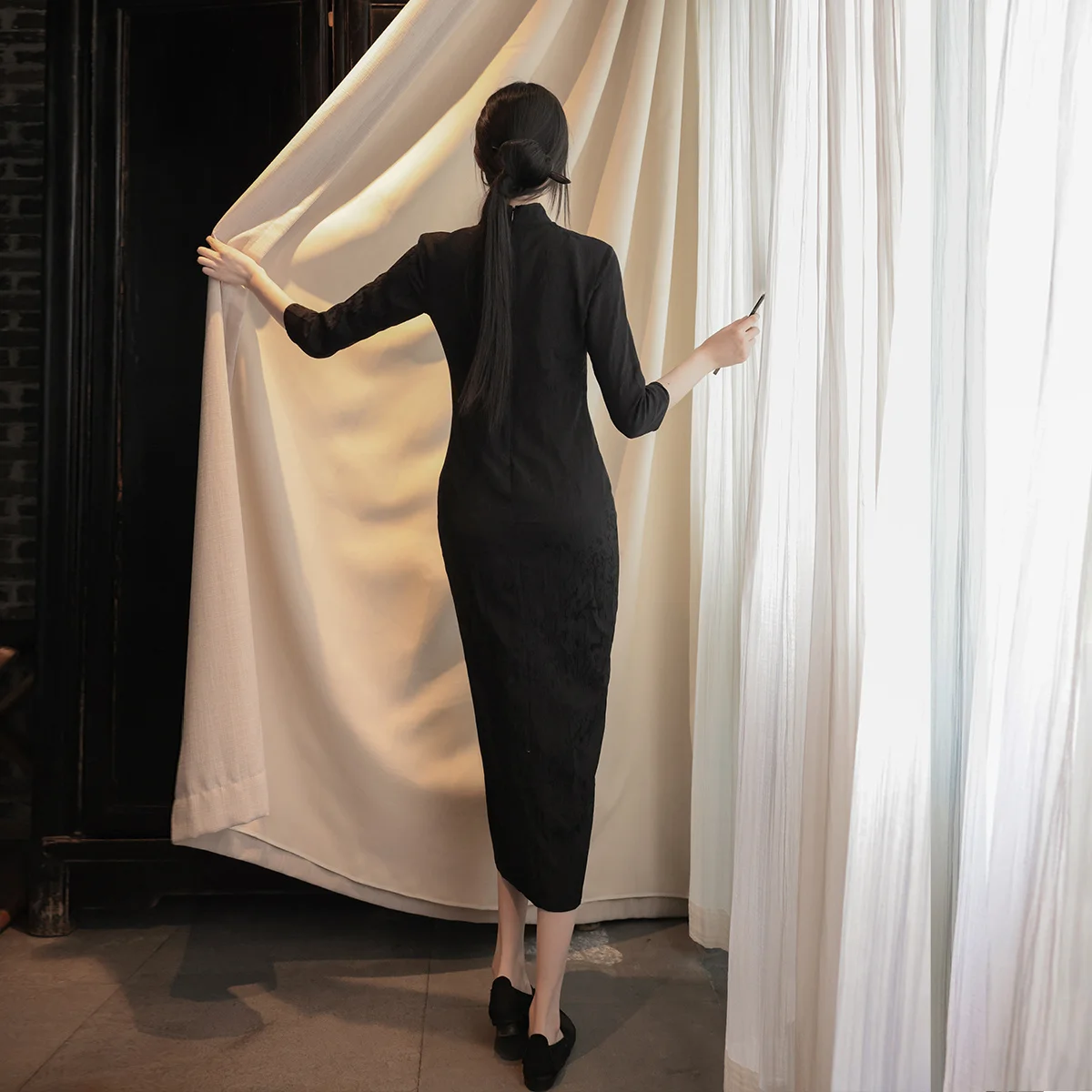 Женское жаккардовое платье-Ципао с разрезом в китайском стиле