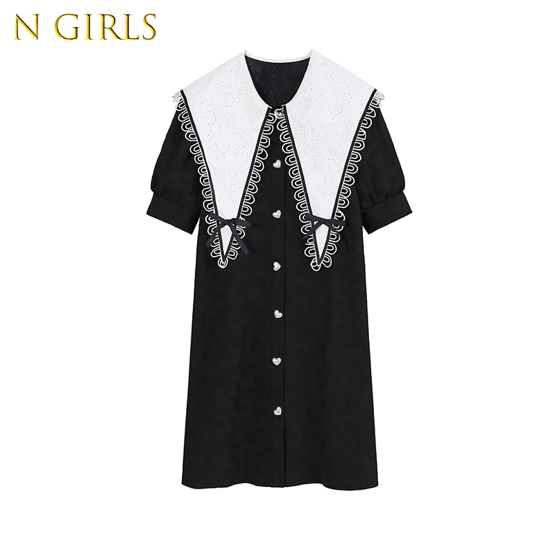 

Женское лоскутное платье с матросским воротником, однобортное платье-трапеция в английском стиле с короткими рукавами-фонариками, пуговиц...