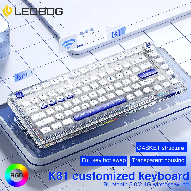 

LEOBOG K81 Bluetooth Wired 2.4G 3 Mode RGB Mechanical Keyboard 81key Hot-swappable GASKET Structure Acrylic Transparent Customiz