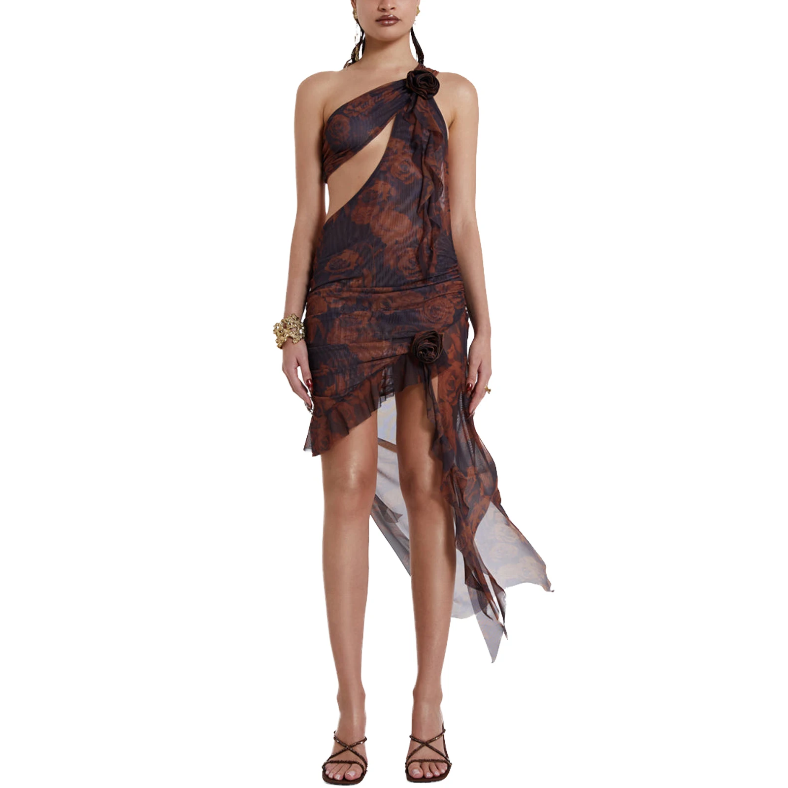 

Женское летнее платье на одно плечо без рукавов с цветочным принтом, необычное коктейльное платье с вырезом розы для пляжа