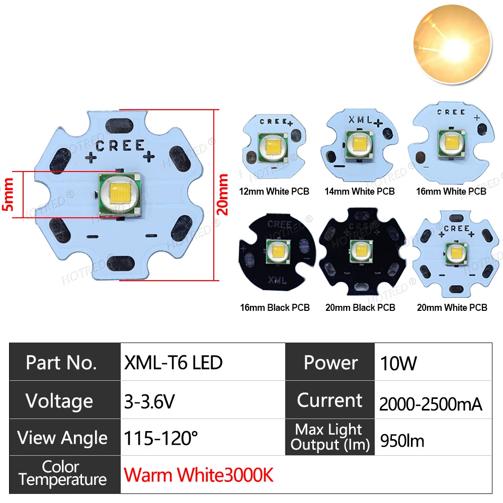 

10 шт. LED XML-T6 фонарик 10 Вт холодный/теплый белый 12/14/16/20 мм