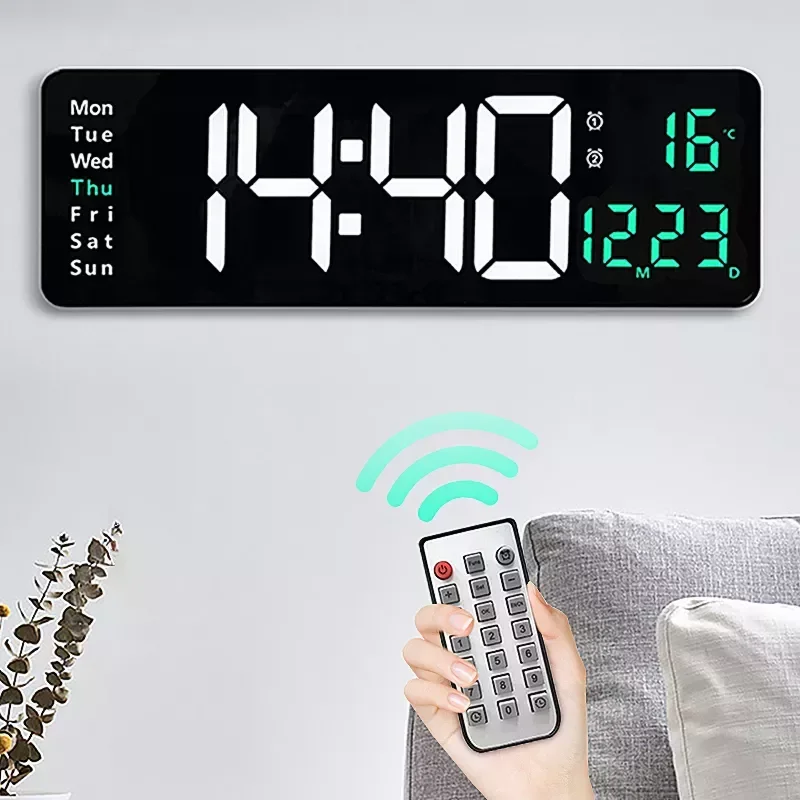 

Large Digital Wall Clock Remote Control Temp Date Week Display Power Off Memory Table Clock Wall-mounted Dual Alarms LED Clocks