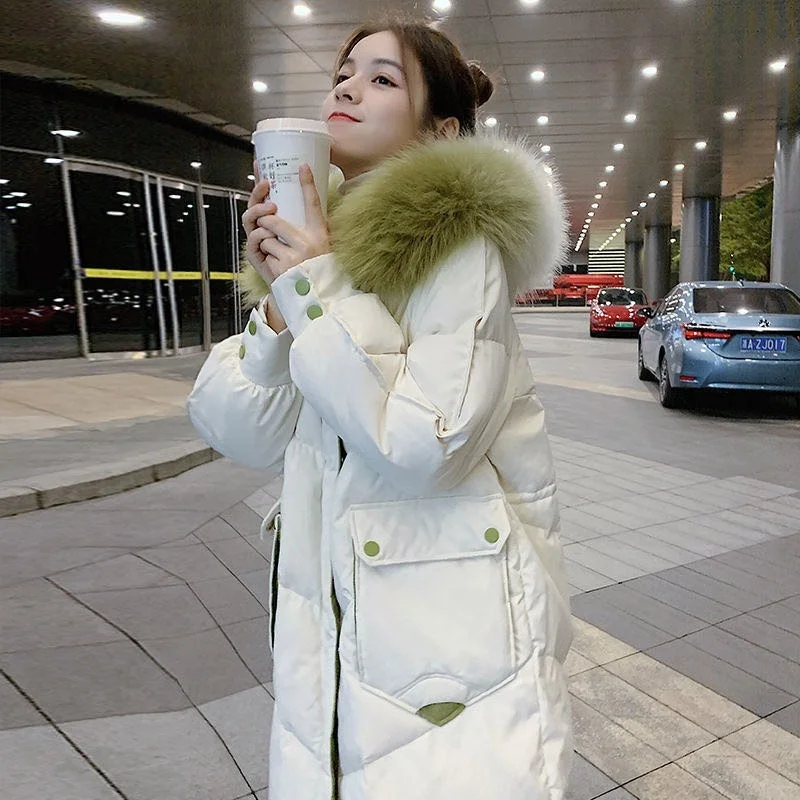 Women Casual Fashion Long Warm Fur Collar Hooded Loose Overcoat Parkas Jackets 2021 Winter New Coat Ladies Color Contrast Trench