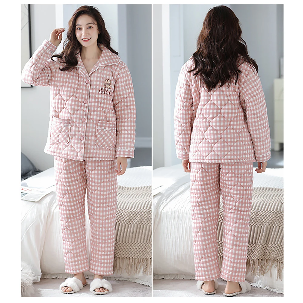 3-Layers Thicken Cotton Pajamas for Women Warm Winter Elegant Plaid Women's Pajama Sets Female Casual Elastic Waist Sleepwear