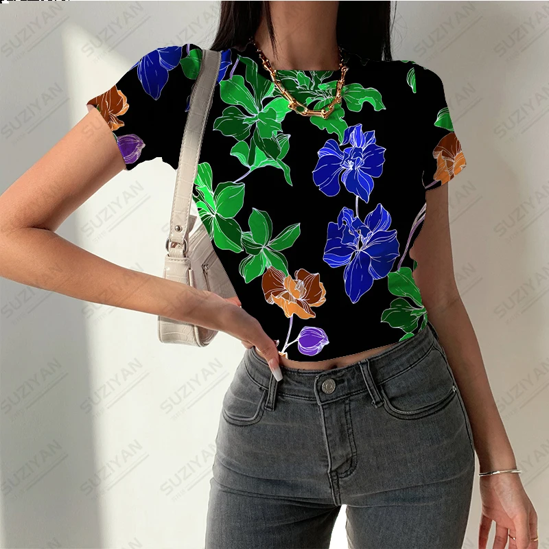 

Women's Summer New Fashion Short Top 3D Printed Colorful Flower Print Short Sleeve T-shirt Women's Round Neck Sexy Casual Top