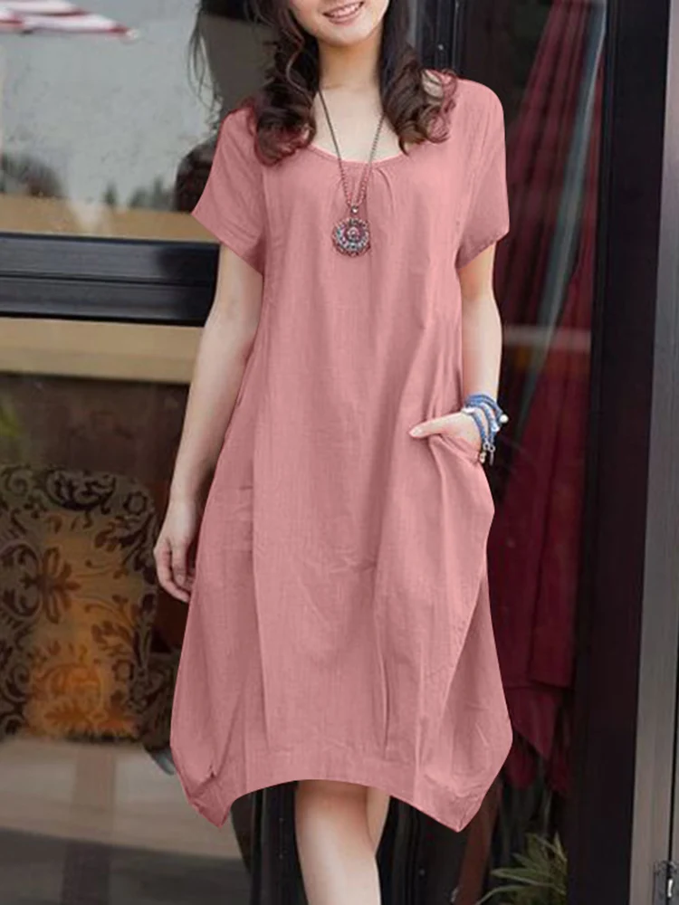 

ZANZEA Summer Women Solid Loose Dress Short Sleeved O-Neck Holiday Straight Midi Dresses Fashion Casual Elegant Beach Sundress