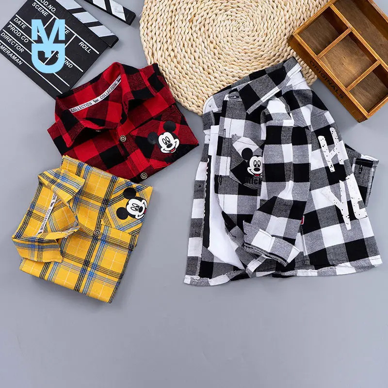 

New Spring and Autumn Boys and Girls Thin Long-sleeved Shirt Small Children Plus Velvet Warm Jacket Foreign Air Winter Grid Shir