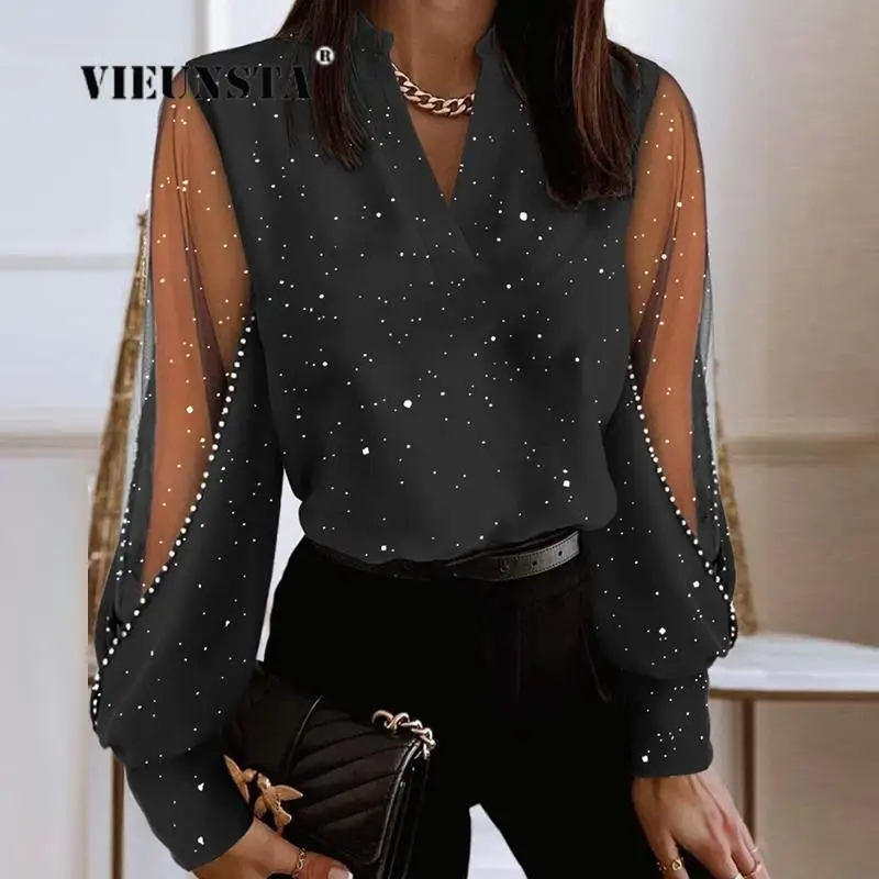 

Women's Blouse Fall Elegant Lace Stitching Long Sleeve Top Spring Hollow Out Vintage Mesh Shirt Casual Loose V-neck Shirt Women