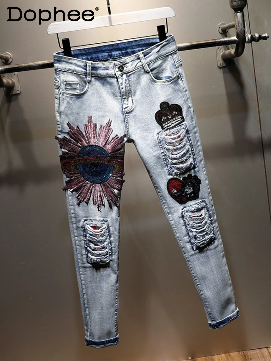 

2022 Summer Autumn Embroidered Printed Tassel Ripped Jeans Women High Waist Slimming Tapered Skinny Pants Denim Trousers Street