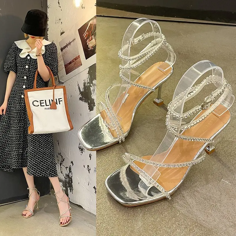 

2022 NEW Sexy Club Banquet Women's Shoes Stiletto High-heel Snake Wrap Strap Rhinestone Ankle Wrap Strap Sandals women shoes