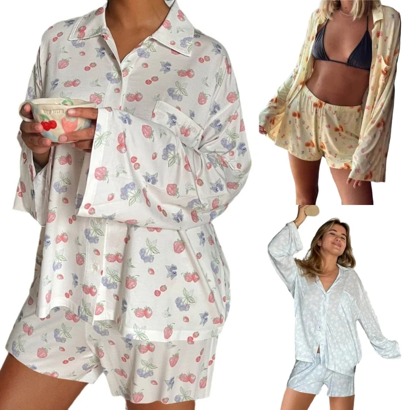 

95AB Женская пижама на пуговицах и брюки Пижамный комплект с длинными рукавами и цветочным принтом, комплект из 2 предметов,