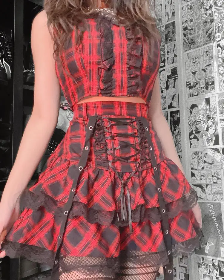 

Юбка Yangelo в готическом Стиле Лолита для E-Girl, красная бандажная юбка на шнуровке, фея гранж, мини-юбки с высокой талией, винтажная элегантная о...