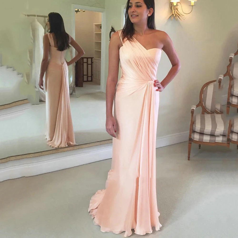 

Женское шифоновое платье-русалка, розовое длинное плиссированное платье на одно плечо, для свадебной вечеринки и выпускного вечера, 2022