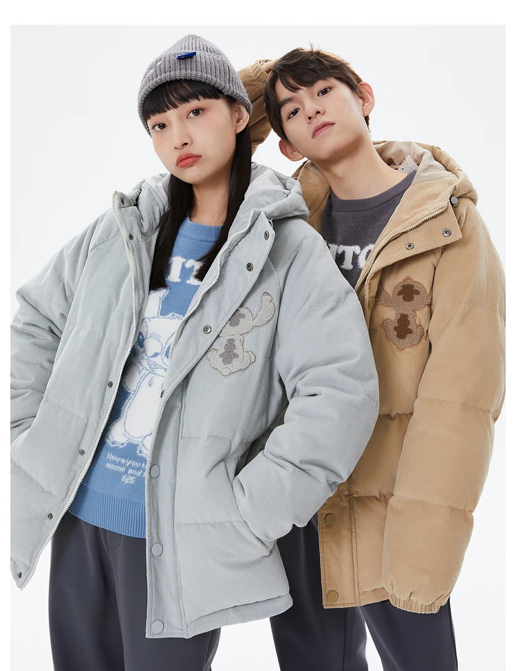 Metersbonwe Couple Corduroy Stand Collar Hoodie Down Jackets Men's 80% Duck Down Thick Warm Wear Loose Women Winter Down Coat