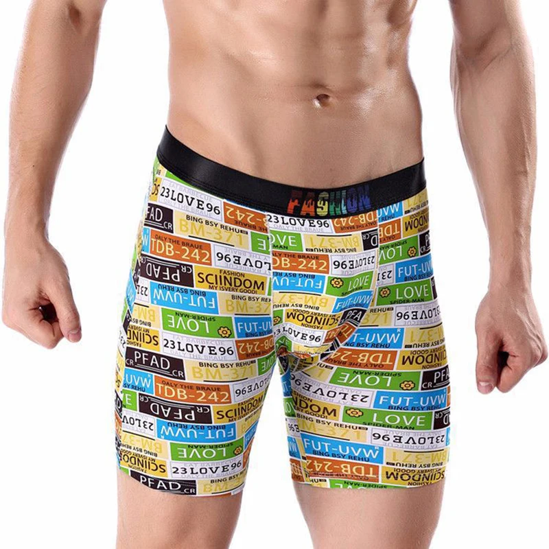 Men's Sports Lengthening Ice Silk Soft Printing Long Boxer Briefs Running Plus Size Men's Boxer Shorts Sports Fitness Underwear