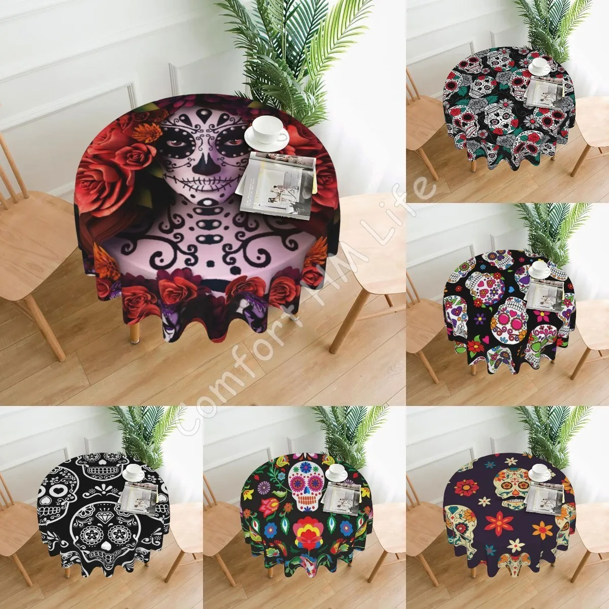 Mexican Skull Rose Tablecloth Round Washable Table Cover for Kitchen Dining Picnic Party Indoor Outdoor Table Cloth 60 Inch