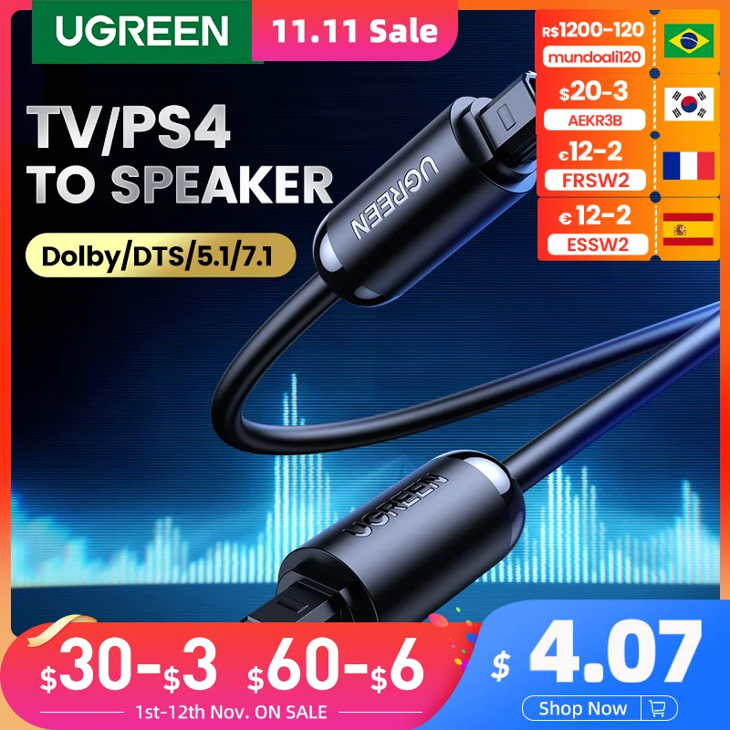 

Ugreen Toslink Digital Cable Optical Fiber Audio Cable Adapter Fiber Optic Toslink for TV Blueray PS3 XBOX DVD CD Mini Disc AV