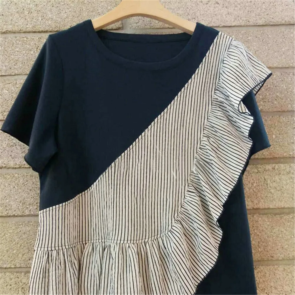 

2022 Summer New Striped Short-sleeved T-shirt Fake Two Pieces Korean Patchwork Loose Ruffled Sweet Casual Fashion Women T-shirt