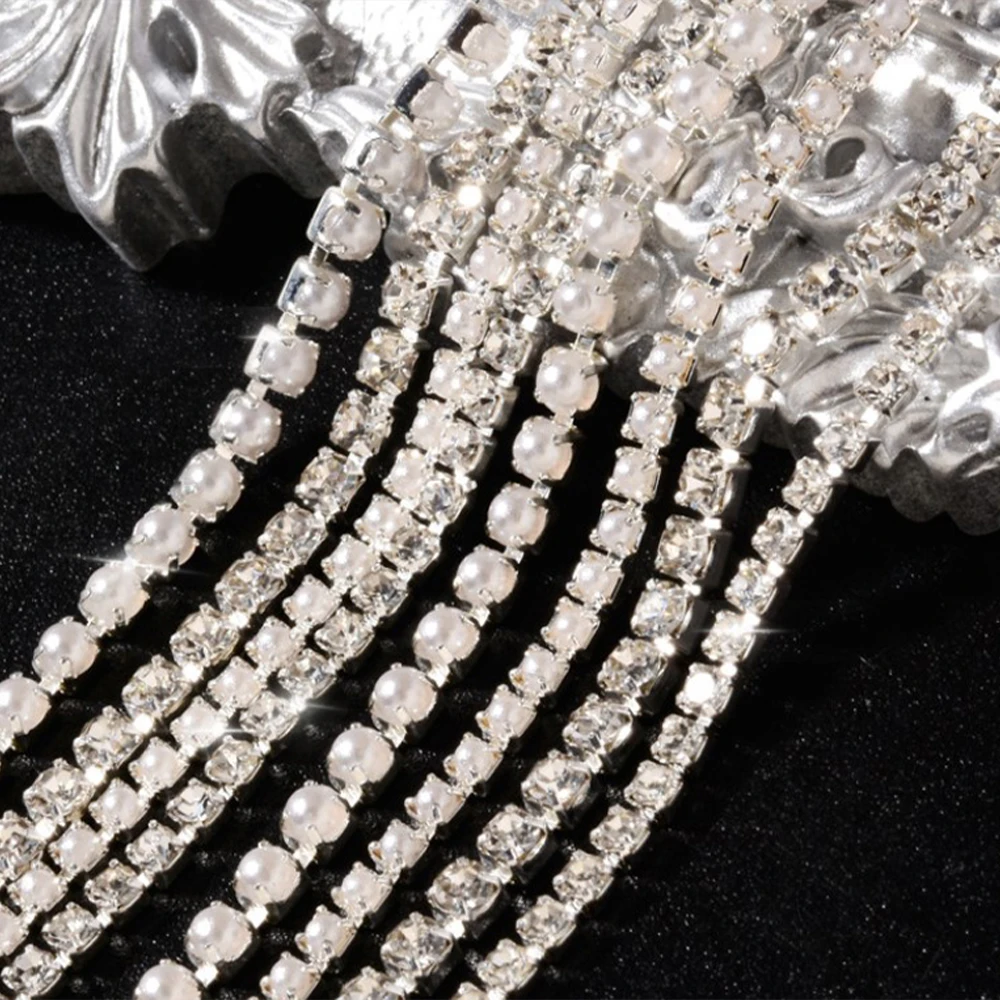 

Pearl Claw Chain Nail Rhinestone 3D Metal Silver AB Diamond Pearl Chain Can Be Cut DIY Charm Nail Art Decorations Accessory NEW