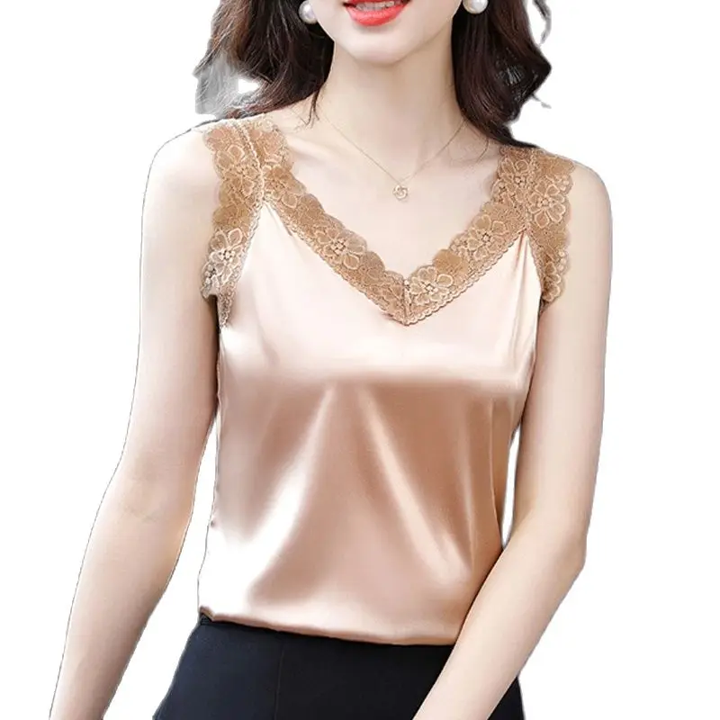 

2023 Summer Women Lacey camisole Stretch fabrics Loose V-Neck Satin fabric Female Sleeveless Blouse Oversize Women Shirts