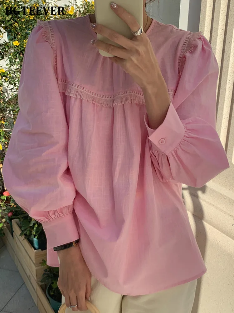 

Повседневные свободные женские пуловеры BGTEEVER с круглым вырезом и кисточками, блузки, стильные женские рубашки с длинным рукавом, Женские од...