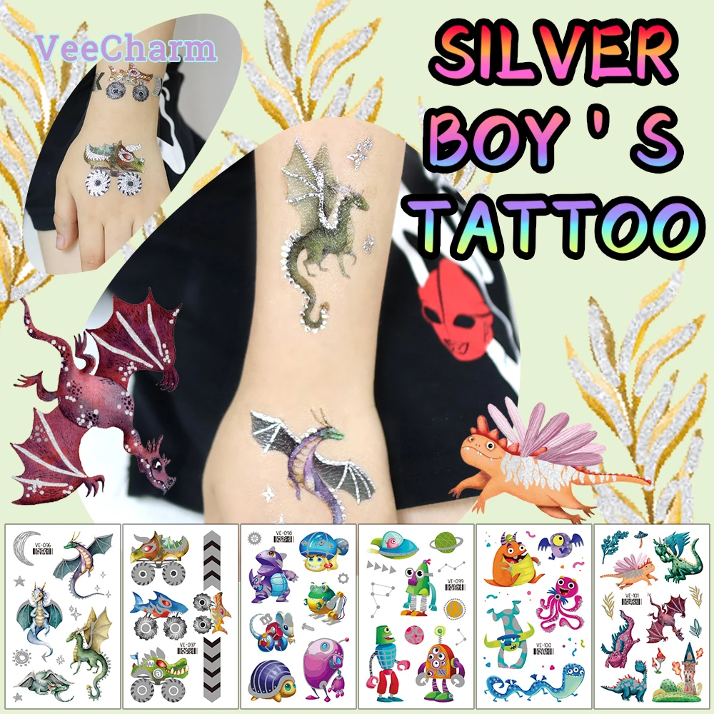 VeeCharm-Детские временные тату-наклейки серебряные сверкающие Мультяшные