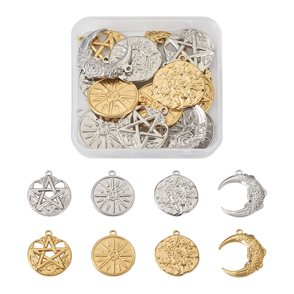 

16Pcs 304 Stainless Steel Sun Moon Star Pendant 2 Colors Charms for Necklace Bracelet Earrings DIY Jewelry Handcrafted Making