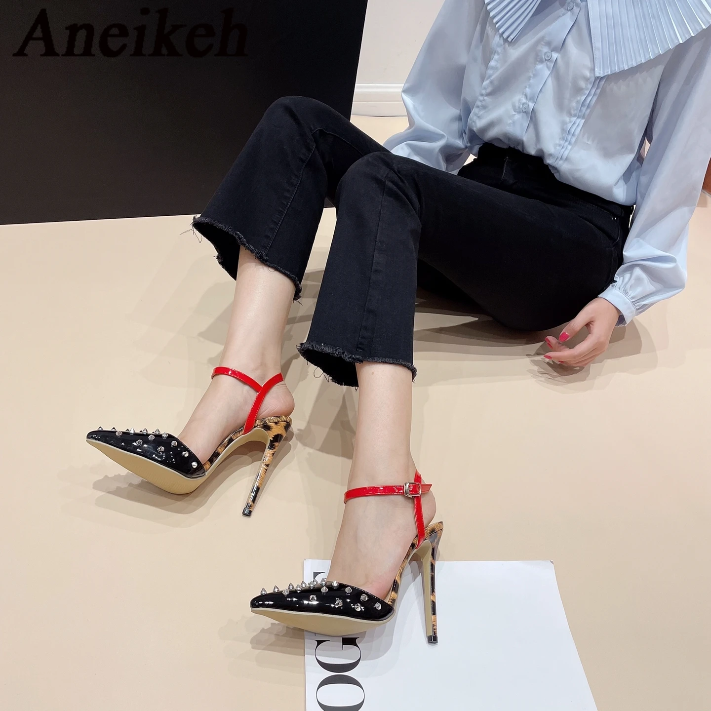 

Aneikeh 2024 Fashion Sexy Mixed Colors Slingbacks High Heels Women's PU Pointed Rivet Buckle Strap Single Shoes Party Wedding