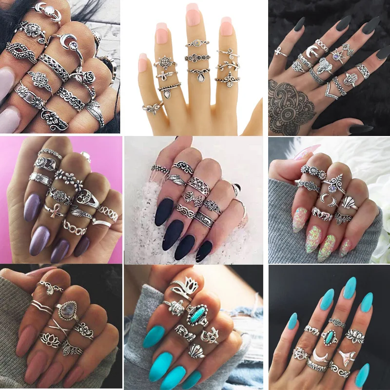 

Bohemian Stackable Joint Knuckle Ring Set Crystal Carved Midi Ring Punk Finger Rings for Women and Girls