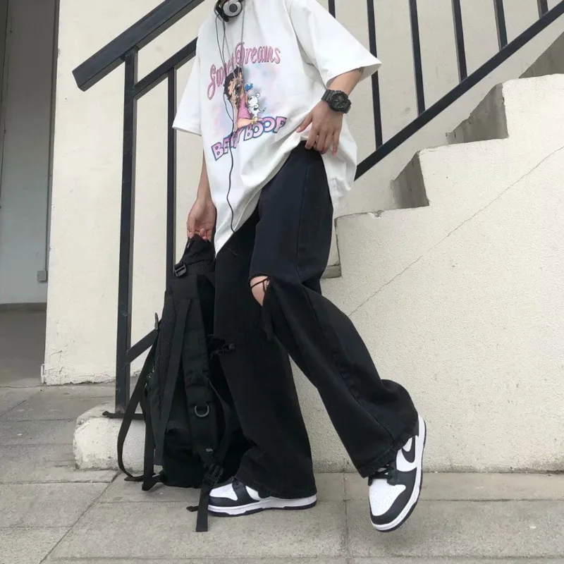 Summer Ripped Jeans Men Fashion Casual Wide Leg Jeans Men Streetwear Loose Hip Hop Hole Straight Denim Pants Mens Trousers S-5XL