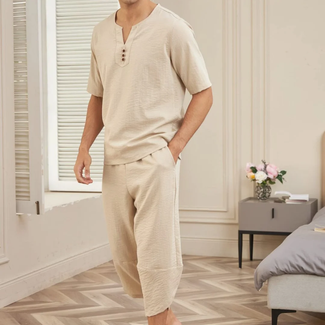 Summer Cotton Linen Shirt Set Men's Casual Outdoor 2-Piece Suit Andhome Clothes Pajamas Comfy Breathable Beach Short Sleeve Sets