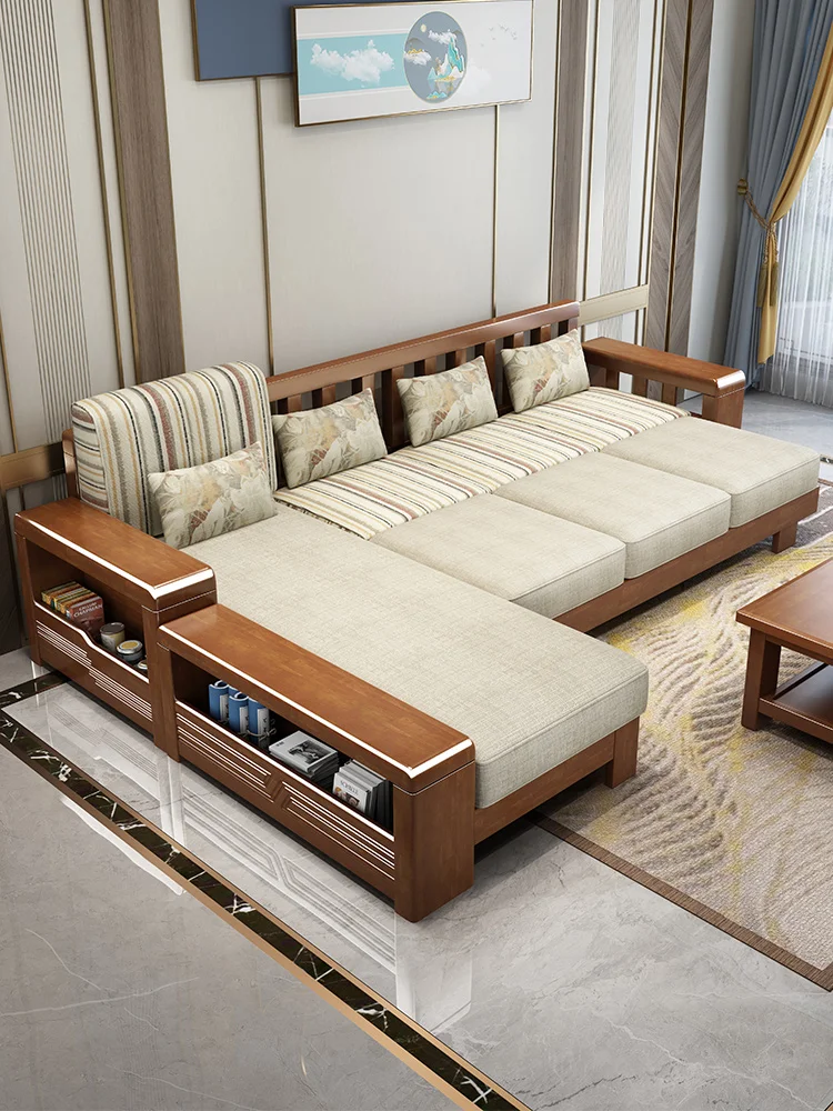 

Диван из цельной древесины, новый диван из цельной древесины в китайском стиле для дома, гостиной, комбинированный диван из ткани, маленький экономичный угловой диван