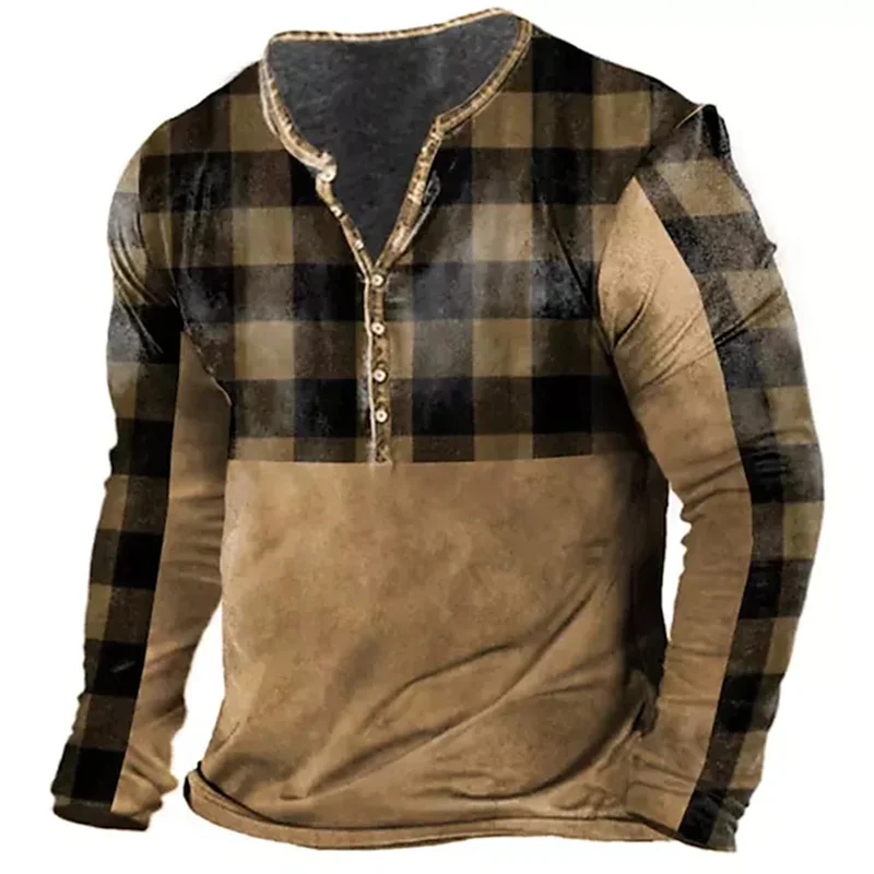 

Retro men's cotton T-shirt button shirt 3D plaid print summer loose V-neck long sleeve oversized T-shirt men's clothing 5XL
