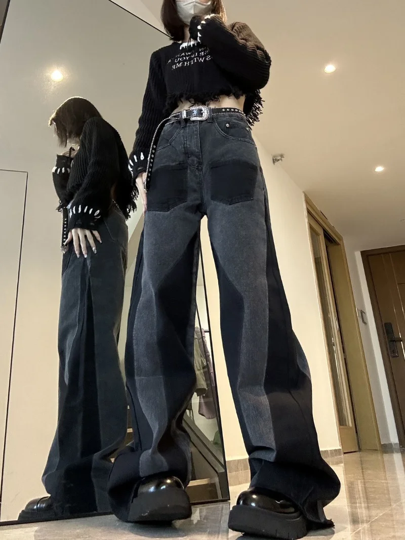 

High Street Color Contrast Panel Straight Jeans Vintage Street Loose high waisted jeans Oversized Casual Hot Girl Wide Leg Pants