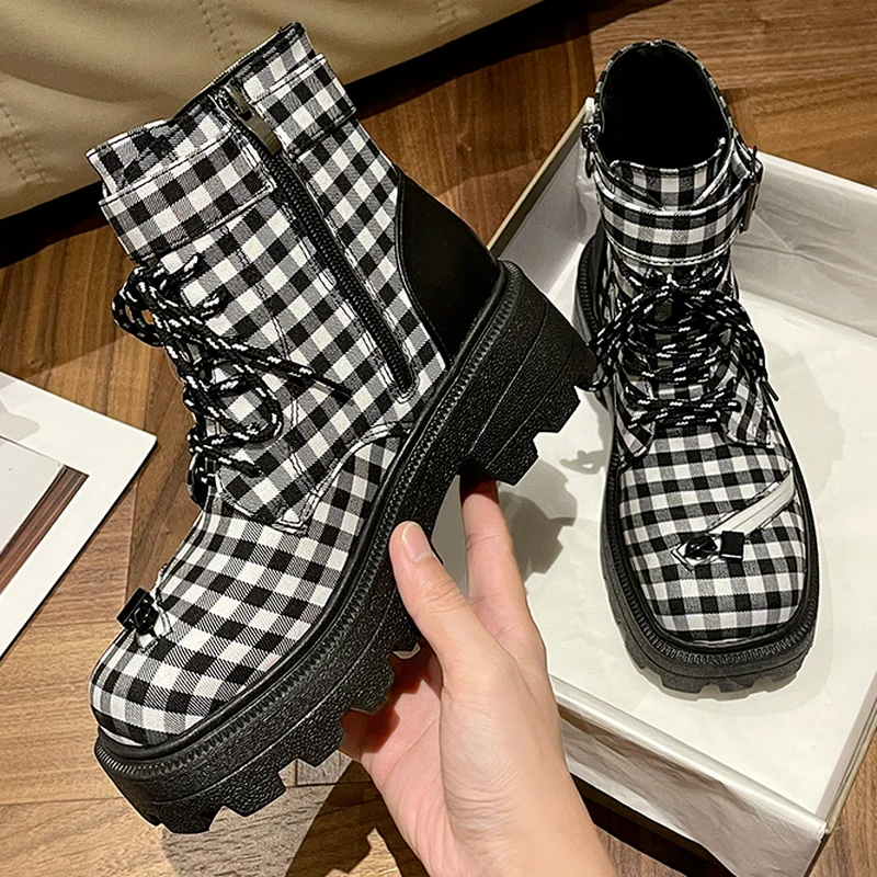

2022 Winter Fashion Women's Boots Lace-up Mid-heel Round Toe Women's Boots Plaid Square Heels Fashion Women's Shoes Botas Muje