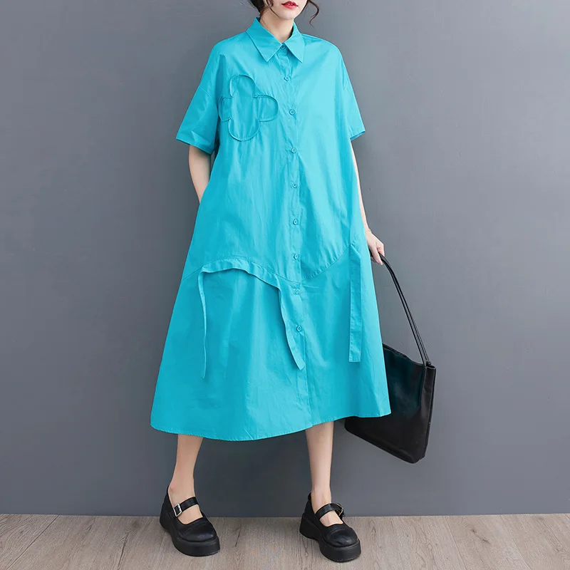 

Personality Loose Patchwork Solid Dress Short Sleeve Turn-Down Collar Iregular Splicing Women Shirt Dress Summer Fashion Casual