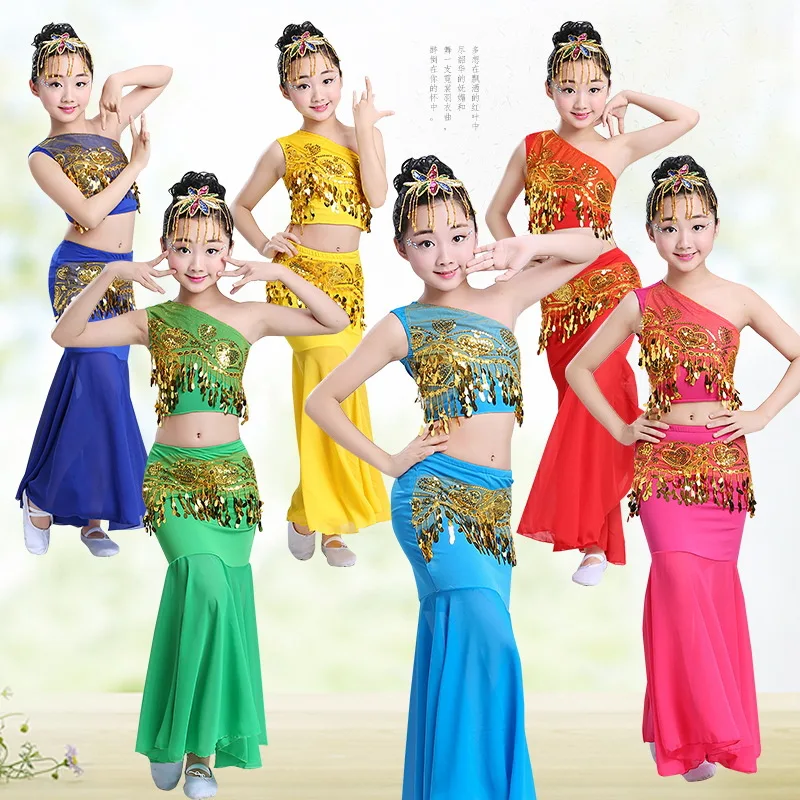 Children Oriental India National Girl Sequins Oblique Shoulder Belly Dance Kids Skirts Tail Fish Performance Pratice Clothes