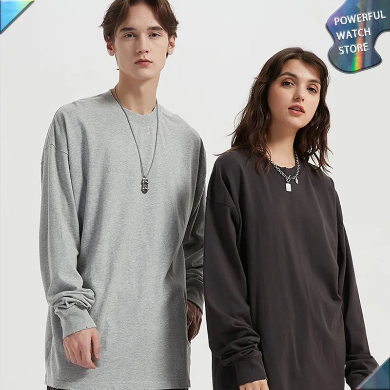

2023 New 250g cotton washed edging long-sleeve T-shirt men autumn winter Fashion Baggy Quality solid color couple Streetwear