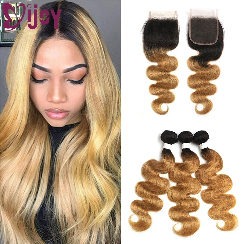 

Body Wave Ombre Bundles With Closure Human Hair 3/4 Bundles With Closure 1B 27 Honey Blonde Brazilian Remy Hair Extension IJOY