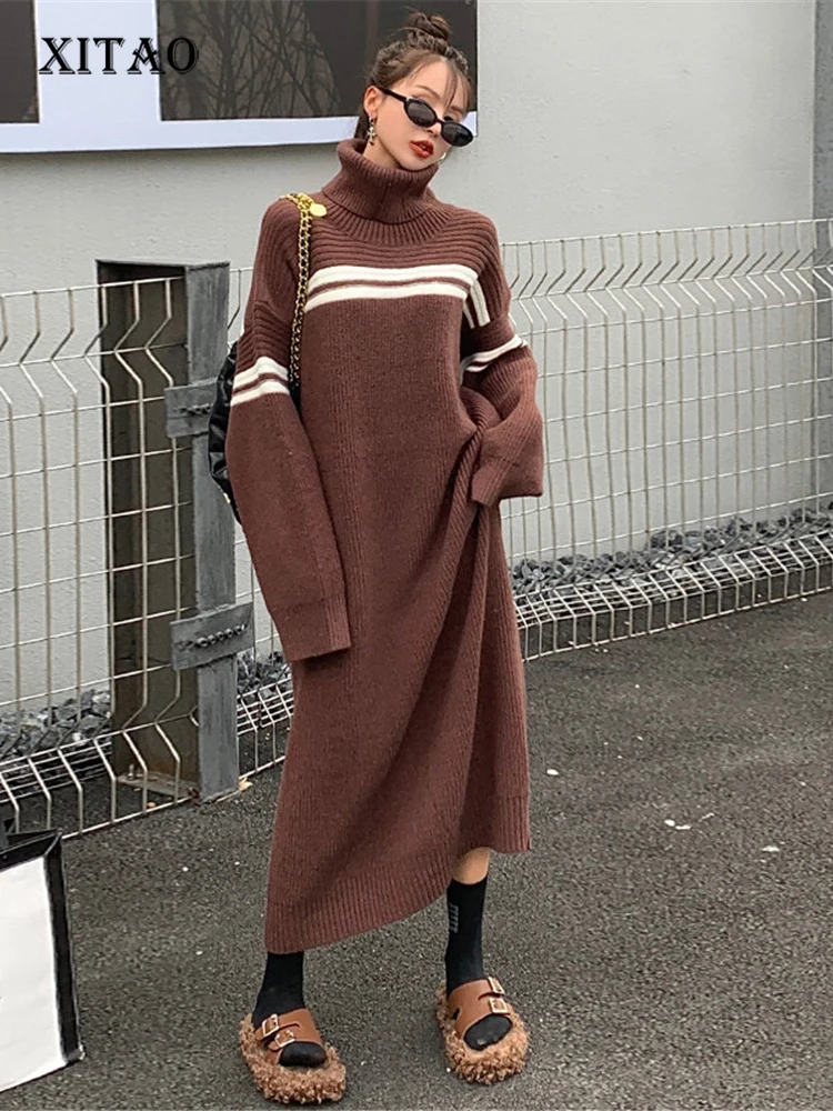 

XITAO Fashion Dress Women Striped Goddess Fan Knitted Full Sleeve Solid Color Minority 2022 Autumn Elegant Dress ZY8193