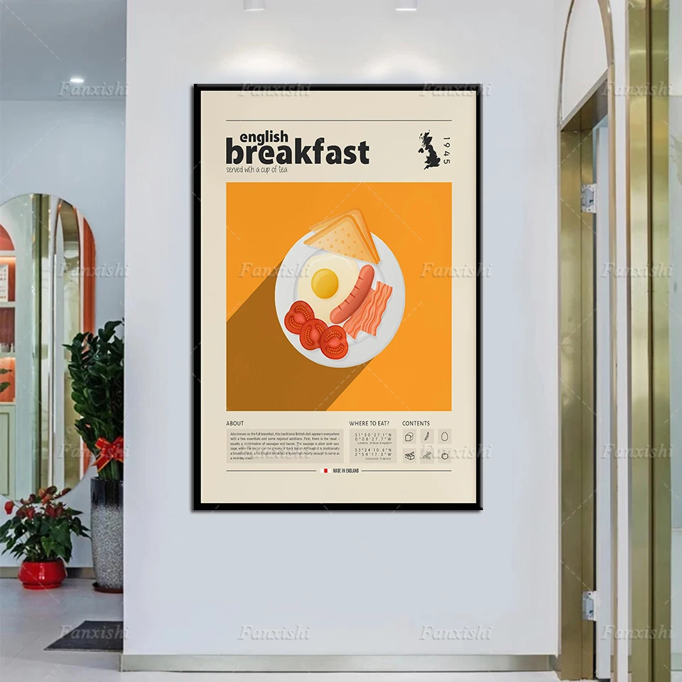 

English Breakfast Food Print,English Food,Retro Poster,Housewarming Gift,Kitchen Wall Decor, Mid Century Poster,Minimalist Print