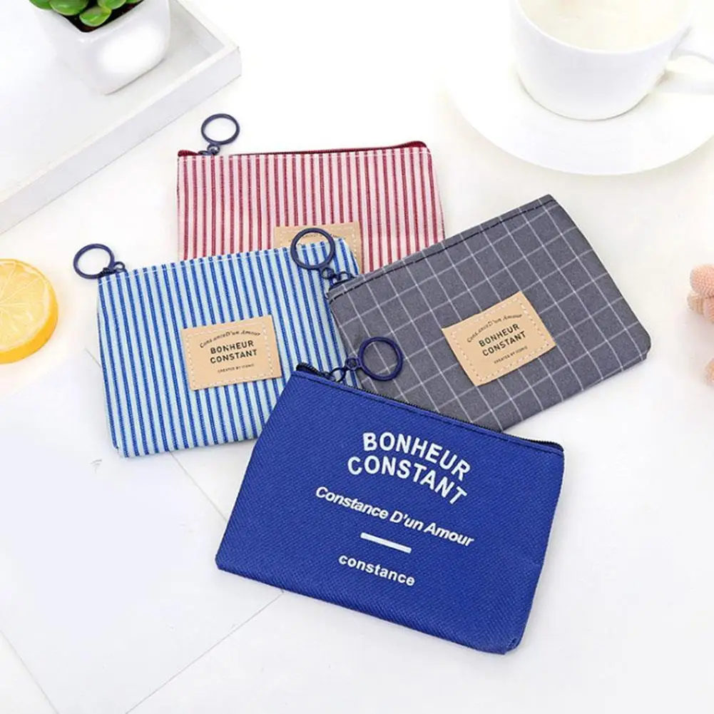 Unisex Canvas Stripe Coin Bag Purse Women Coin Money Card Holder Wallet Case Zipper Key Storage Pouch For Kid Girl Gift
