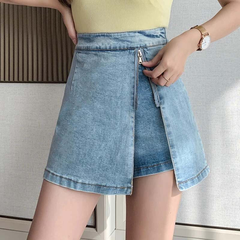 

Women 2021 New Casual High Waist Denim Shorts Skirts Streetwear BF Style Summer All-match Short Jeans Skirts with Zipper Female