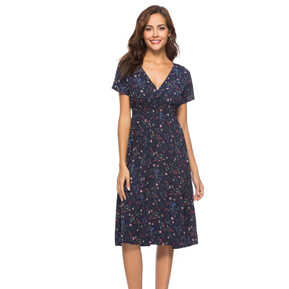 

2023 Spring/Summer New Fashion European American Chiffon Print V-neck Short Sleeve Bohemian Beach Casual Elegant Women's Dress