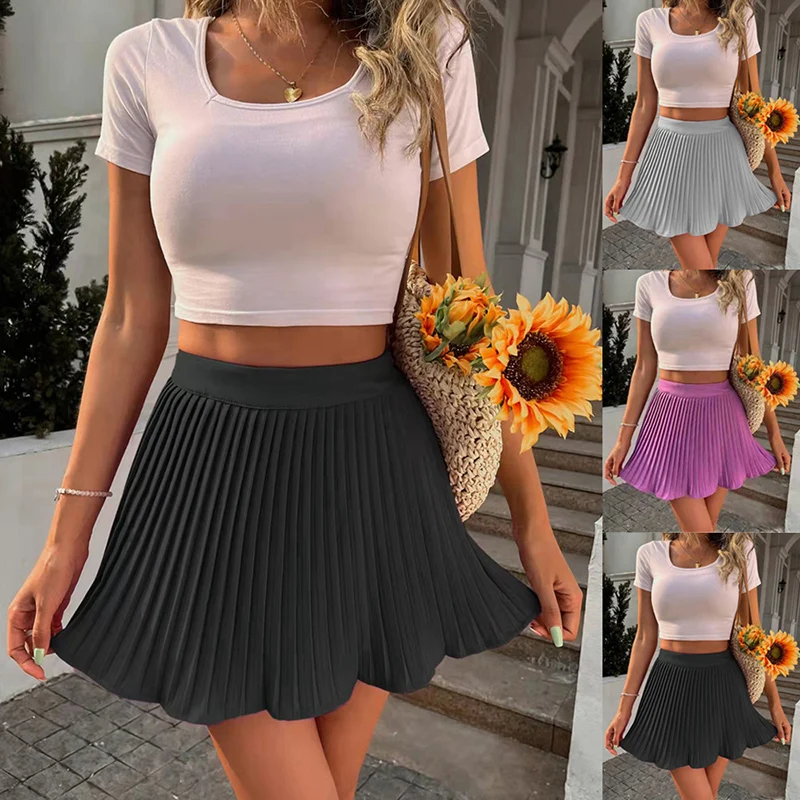 

Новая Европейская и американская мини-юбка, женские летние Четырехсторонние Стрейчевые американские романтические однотонные мини-юбки