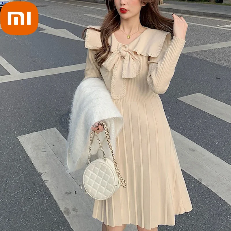 

Xiaomi Vintage Knitting Dress Women Autumn Princess Party Midi Elegant Sweet Dress Korean Bow Designer Long Sleeve Casual Dress