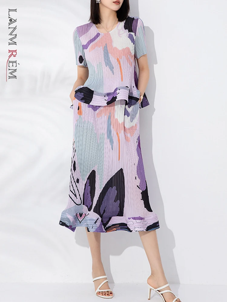 

Женский плиссированный комплект из 2 предметов LANMREM, топ с круглым вырезом и короткими рукавами, юбки с высокой талией, новинка 2023, 2YA2693