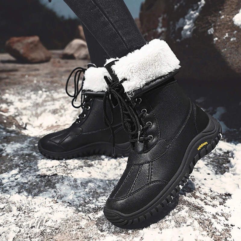 Women's Mid-calf Snow Boot Waterproof Leather Thick Plush Outdoor Boot Anti-Skid Outdoor Ski Hiking Winter Shoe Large Size 36-42