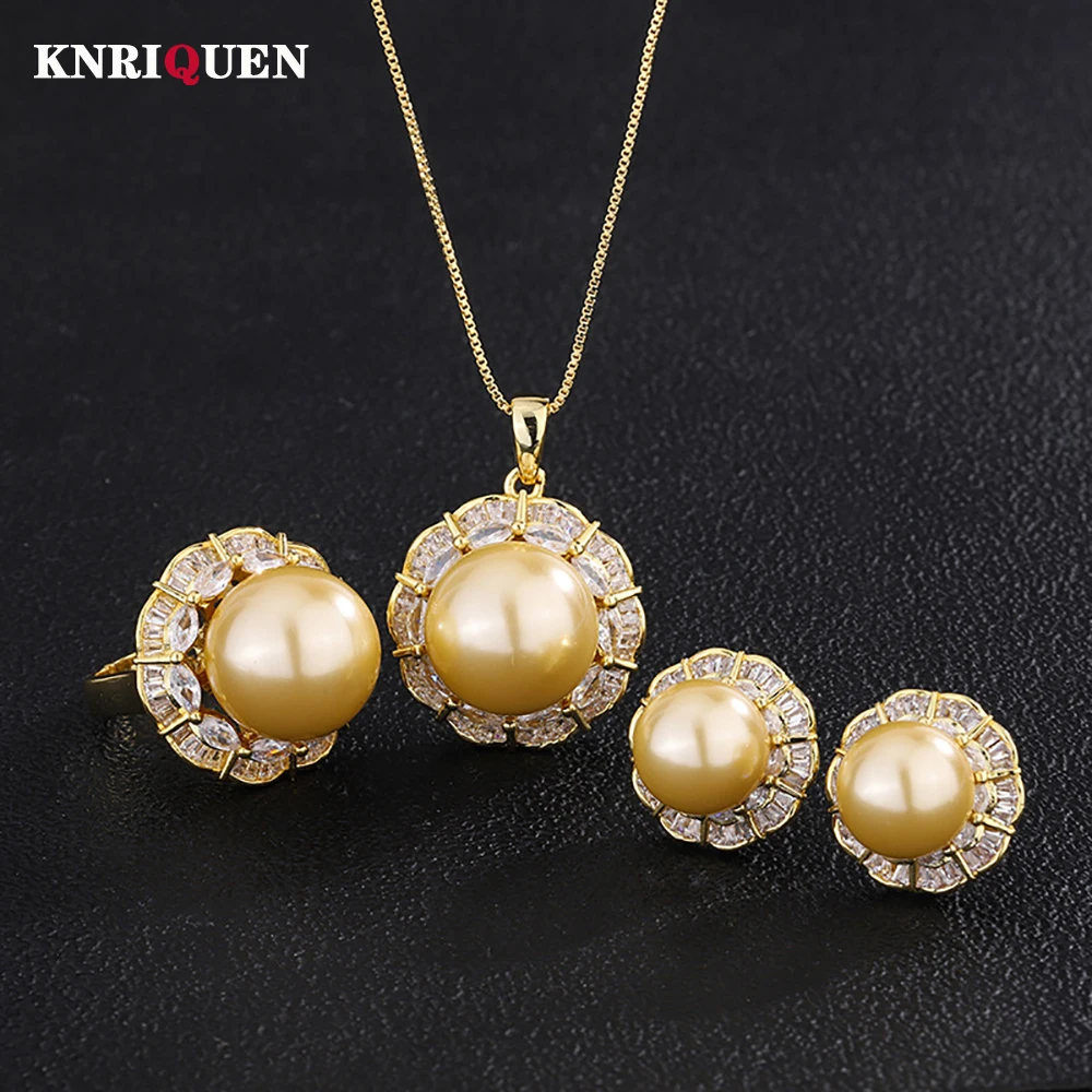 

Luxury 925 Sterling Silver 12-16mm Pale Gold Color Pearl Lab Diamond Pendant Necklace Ring Earrings for Women Party Jewelry Set